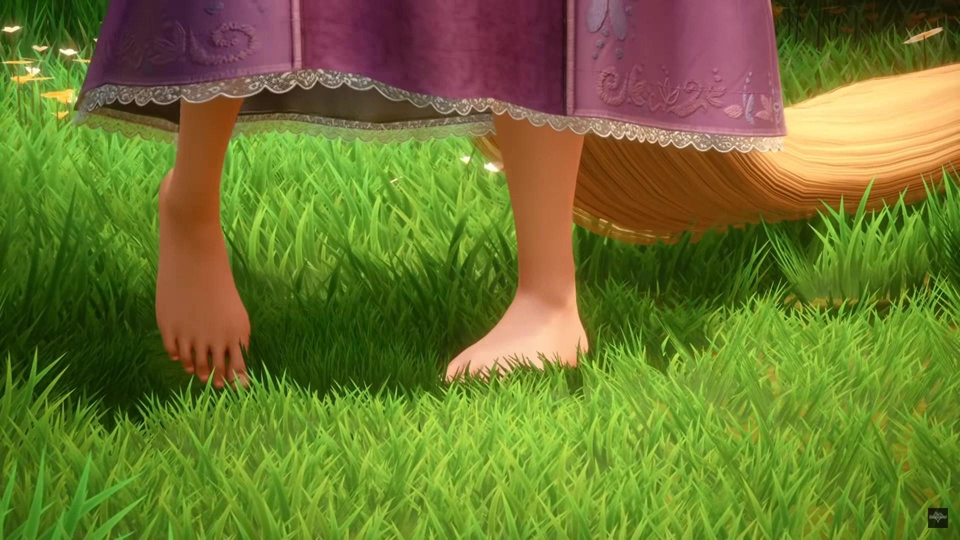 Rapunzel stepping on grass.